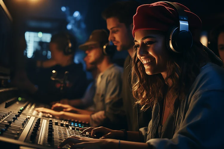 Young girl mixing audio with headphones and smiling